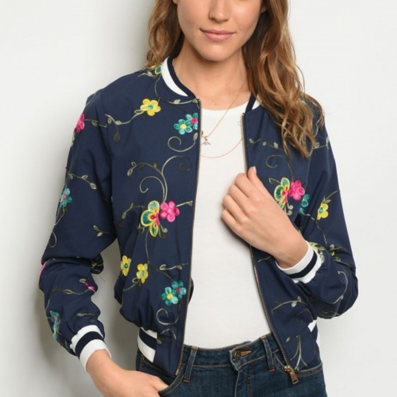 NAVY FLORAL BOMBER JACKET - Picture 2 of 4